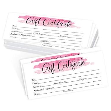 Imagem de 25 certificados de presente em branco rosa para pequenas empresas, voucher de papel aquarela para massagem, salão de cabelo e unhas, spa, restaurantes e cartões de cupom DIY para aniversário, dia dos namorados, dia das mães, ele e ela, 10 x 23 cm