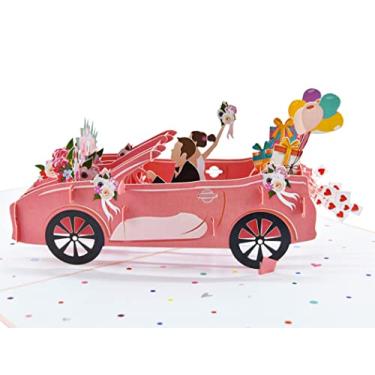 Imagem de Carro de casamento "Just Married" com cartão pop-up de noiva e noivo para casamento, aniversário, cartão de dia dos namorados