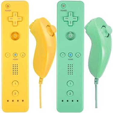 Imagem de Controle Wii e Nunchuck Wireless, controle remoto arrocent compatível com console Wii Wii U, com capa de silicone e alça de pulso – amarelo e verde