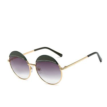 Imagem de Óculos de sol com armação redonda de metal fashion feminino designer de luxo com armação grande óculos de sol retrô sombras UV400, C5 verde cinza, tamanho único