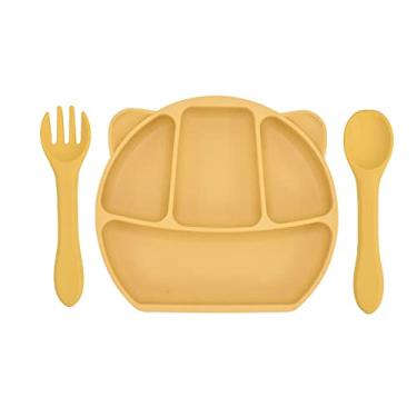 Imagem de burko Placas de sucção de silicone para bebês com alimentação automática Placa de sucção para bebês com colher e garfo de silicone BPA Free Design dividido para lava-louças e micro-ondas