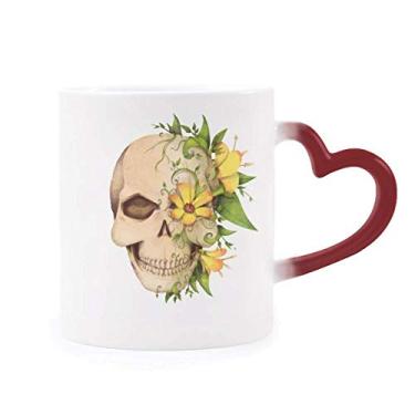 Imagem de Caneca de flor caveira esqueleto ilustração sensível ao calor caneca vermelha muda de cor grés