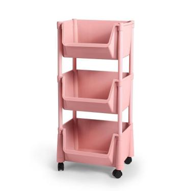 Imagem de Carrinho Multiuso Organizador 3 Prateleiras Em Plástico Com Rodízio - Rosa