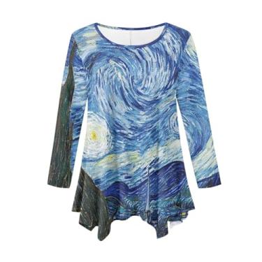 Imagem de Flashideas Tops plus size para mulheres túnica rodada top solto flare camiseta roupas da moda roupas Y2k, Van Gogh Noite Estrelada, 4XG