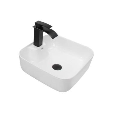 Imagem de Kit Cuba Pia Louça Cerâmica Banheiro C/Torn E Vál Preta 45