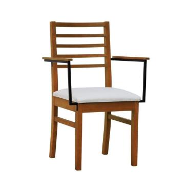 Imagem de Cadeira Tiê Madeira Maciça Encosto Ripado C-braço Metal - Amêndoa Assento Estofado Corano Bege