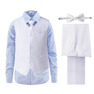 Imagem de Conjunto de colete e calça de smoking formal slim fit para adolescentes, roupas de casamento com gravata e gravata borboleta, Camisa xadrez azul-claro branca, 12