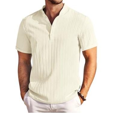 Imagem de COOFANDY Camiseta masculina casual Henley manga curta gola banda verão praia texturizado camisas, Cor creme, 3G