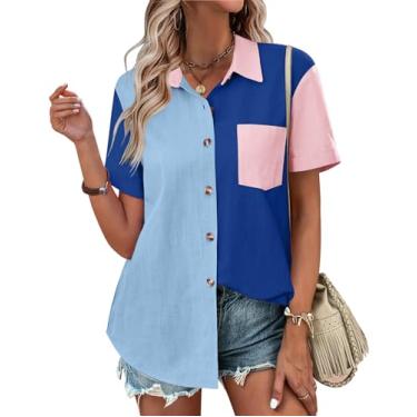 Imagem de Zeagoo Camisetas femininas com botões coloridas, manga curta, algodão, linho, blusas casuais de verão, Pat8, M