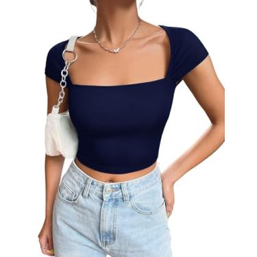 Imagem de SOLY HUX Camiseta feminina de gola quadrada, manga curta, malha canelada, tops cropped de verão, Azul marinho, PP