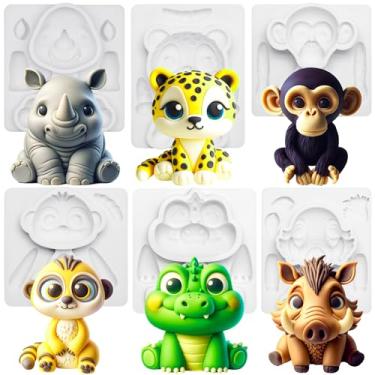 Imagem de Fondant Moldes Safari Animal Cake Topper Kit de 6 unidades Leopardo Mangusto Chimpanzé Crocodilo Rinoceronte Warthogs