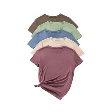 Imagem de GORGLITTER Pacote com 5 camisetas femininas de secagem rápida, casual, básica, manga curta, gola redonda, verão, Verde damasco marrom azul roxo, GG