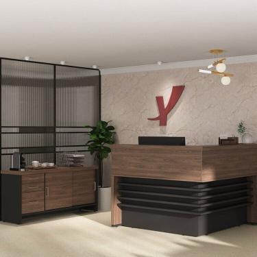 Imagem de Conjunto Recepção Balcão de Atendimento e Balcão Tamburato com 3 Gavetas Charuto/Preto