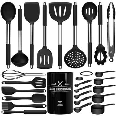 Imagem de Conjunto de utensílios de cozinha de silicone, utensílios de cozinha grandes resistentes ao calor, conjunto de 26 espátulas de silicone, cabo de aço inoxidável, conjunto de ferramentas de utensílios de cozinha pretos para panelas antiaderentes