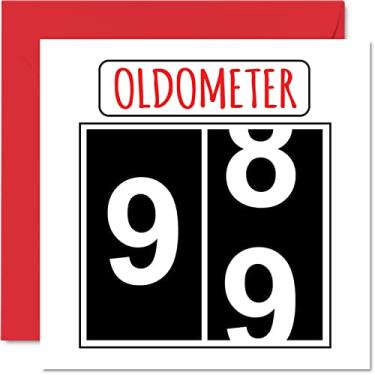 Imagem de Stuff4 Cartões divertidos de aniversário de 99 anos para homens e mulheres - Oldometer - Cartão de feliz aniversário para pop pop vovô babá avó pai papai mãe, cartões comemorativos de 14 x 14 cm,