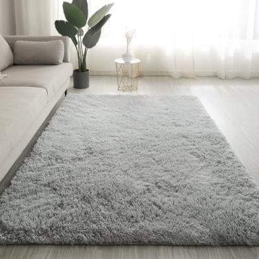 Imagem de Tapete de pelúcia fofo para sala de estar moderna, sofá, área, tapete de seda macio, tapete para rastejar, quarto infantil, tapete grande, cinza claro, cinza, 40 x 60 cm (15,7 x 23,6 pol.)