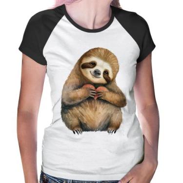 Imagem de Baby Look Raglan Bicho Preguiça Coração - Foca na Moda, Branco, Preto,
