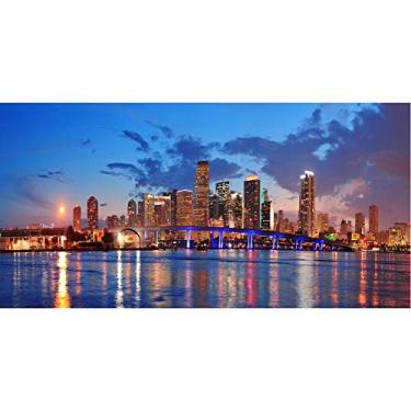 Imagem de DORCEV Pano de fundo de 4,6 x 3 m Miami Florida City Night View para fotografia, cenário noturno de Miami, suprimentos de decoração, ponte, rio, cidade, néon, visão noturna, faixa fotográfica,