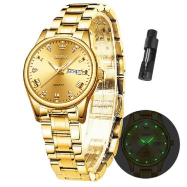 Imagem de Relógios dourados femininos OLEVS, relógios de pulso de luxo para dia e data, à prova d'água, aço inoxidável, quartzo, analógico, relógio de pulso feminino, mostrador preto, branco, Gold Dial, round