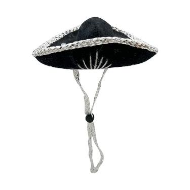 Imagem de YAJUA Mini chapéu preto Mariachi autêntico de 15 cm feito no México com costura prateada - Sombrero mexicano Charro para festas temáticas Fiesta ou fantasia de cachorro/gato pequeno