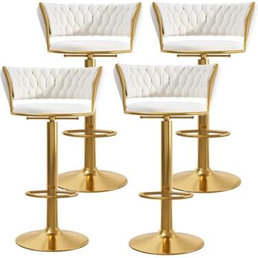 Imagem de Banco de bar de veludo giratório 360° conjunto de 4 bancos de bar modernos com altura ajustável com encosto e apoio para os pés bancos de bar luxuosos para ilha de cozinha, café, pub, dourado,