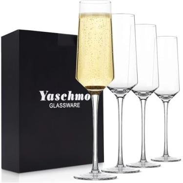 Imagem de Yaschmo Champagne Flutes-Hand Blown Crystal Glasses Set of 4 , 8oz Elegant Champagne Flutes, Ideal gift for Wedding ,Anniversary, Shower Party Supplies-8oz, Clear