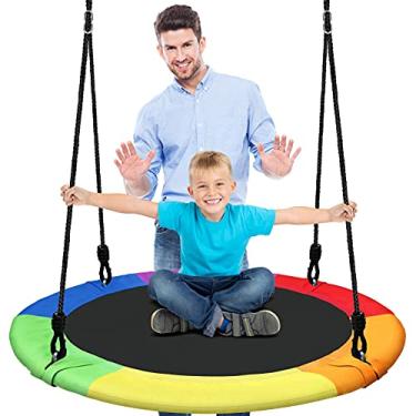 Imagem de SereneLife Conjunto de balanço de disco voador de 101,6 cm – completo com kit de pendurar, alças de corda e spinner, balanço circular de árvore para crianças e adultos, moldura de metal acolchoada e