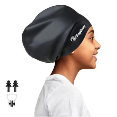 Imagem de Touca de natação infantil extra grande para tranças e dreadlocks, silicone à prova d'água, touca de natação para manter o cabelo seco para crianças, crianças, jovens, meninas, banho, piscina, 1 pacote