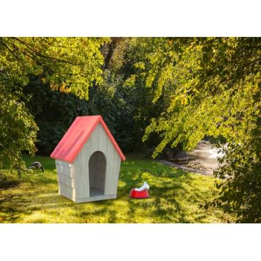 Imagem de DePhoto Pano de fundo para casa de cachorro de jardim ao ar livre de 1,8 x 1,8 m para fotografia, cabana de madeira, telhado vermelho, verde, prado, cenário, aniversário, cães, decoração de festa,