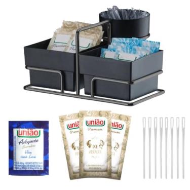 Imagem de Açucar Sache Uniao + Adoçante Sache + Porta Sache Preto Aço Onix + Mexedor Cafe
