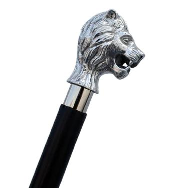 Imagem de FYNJREX Bengala de caminhada de madeira leão níquel bengala vintage estilo antigo designer elegante bengala para idosos para presente meu pai vovô.