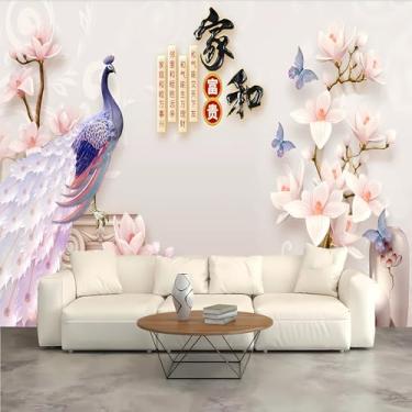 Imagem de Lcythiazole Murais de pavão de tamanho personalizado - papel de parede retrô 3D estilo chinês, papel de parede autoadesivo removível, para quarto, sala de estar, TV e parede