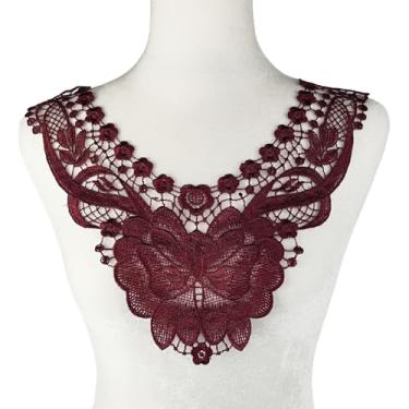 Imagem de Carytalee 2 peças de apliques de flores de renda bordô costurados em bordado para costura faça você mesmo, artesanato, roupas, vestido de casamento, aplique de decoração, 35 x 39 cm