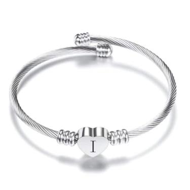Imagem de BlingNuts Pulseira de prata com iniciais de coração de aço inoxidável A-Z gravada joia feminina para aniversário e Natal, F, Aço inoxidável, Sem Pedra Preciosa