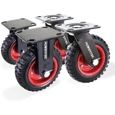 Imagem de POWERTEC Conjunto de 4 rodas de rodízio 17055V 6-1/4" (2 giratórios e 2 fixos), rodízios de placa industrial com piso de borracha para bancada de trabalho, boneca, carrinho, carrinho e vagão, rodas grandes de rodízios