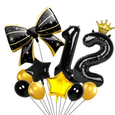 Imagem de Balões pretos e dourados de 101 cm, 12 números, coroa, balões pretos e dourados para decorações de festa de aniversário de 12 anos, suprimentos de decorações de aniversário (12)