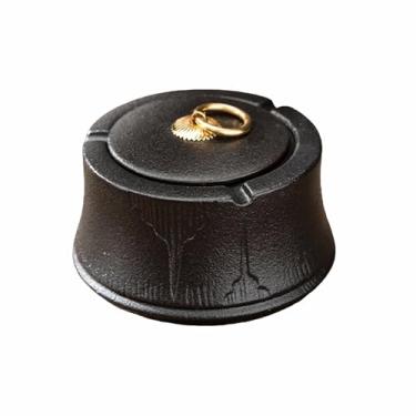 Imagem de Cinzeiros de mesa de cerâmica cinzeiro vintage de mesa com tampa retro clássico estilo à prova de vento redondo para fumar para uso doméstico escritório ornamentos (tamanho: Black D)