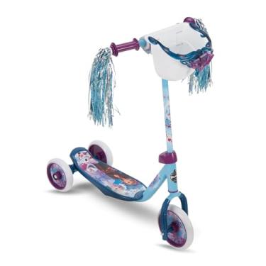 Imagem de Huffy Disney Frozen 2 Scooter infantil, ideal para idades de 3 a 5 anos, 3 rodas, cesta de guidão, serpentinas brilhantes, scooter de fácil equilíbrio, durável, segura e confortável, Elsa e Anna