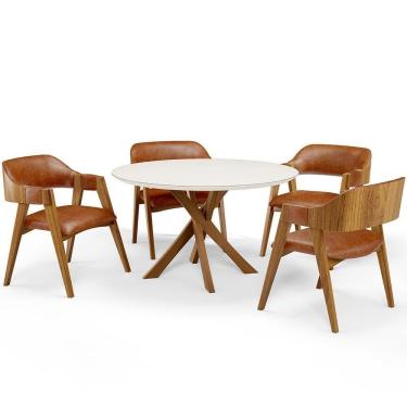 Imagem de Mesa De Jantar Redonda Cora 120cm Off White M04 Com 04 Cadeiras Living Suran Couríssimo Camel - Lyam