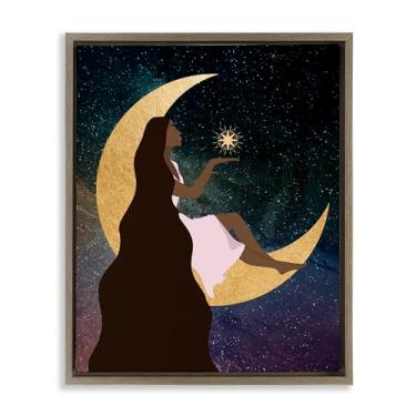Imagem de Stupell Industries Design de parede em tela flutuante emoldurada Woman on Moon with Starlight Brown por Daniela Santiago, 43 x 53 cm