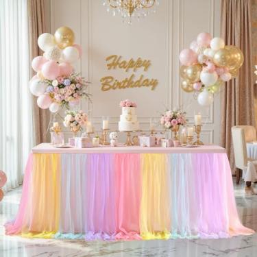 Imagem de Toalhas de mesa arco-íris pastel para festas, saias de mesa de tule, mesas retangulares de 2,4 m, capas de mesa de elastano elásticas, banquete, casamento, chá de bebê, festa de aniversário, toalhas