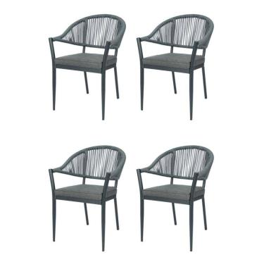 Imagem de Kit 4 Cadeiras Empilhável Amalfi Caraíva Fratini Alumínio Encosto Trama Corda Náutica Almofada Grafite