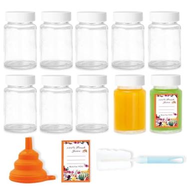 Imagem de Pacote com 10 garrafas de suco de 118 ml com tampas, garrafas de suco de vidro reutilizáveis, pequenos recipientes de bebida para líquidos, amostra, dose de bem-estar, açafrão, suco, bebidas DIY, com