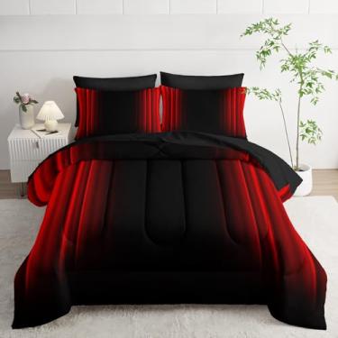 Imagem de Nttopship Jogo de cama solteiro com edredom ombré, abstrato, vermelho e preto, 7 peças, decoração de arte escura, para todas as estações, com fronhas, lençol com elástico