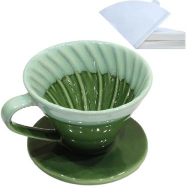 Imagem de LonMuseum Coador de café de cerâmica com 50 filtros de café V60 – cafeteira portátil para viagens, acampamento, escritório ou casa – Presente de cerâmica artesanal para entusiastas