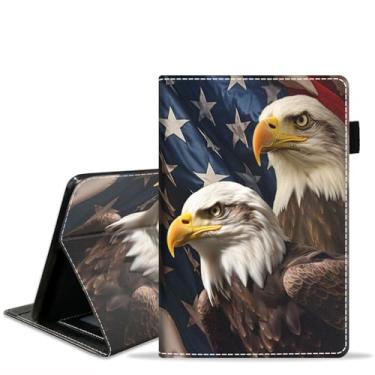 Imagem de JDHJFBFJNP Capa para tablet Amazon Kindle Fire 7 (12ª geração, versão 2022, tela de 7 polegadas), capa flip de couro PU com compartimento para cartão e porta-lápis, bandeira americana águia careca