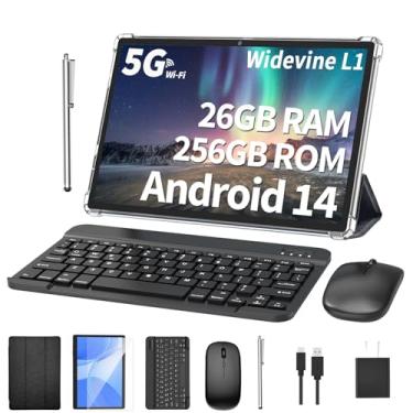 Imagem de Tablet Android com teclado, 26 GB de RAM, 256 GB de ROM (expansão de 1 TB), tablet Android 14 de 10,1 polegadas, bateria de 8000 mAh, BT 5.0, certificado GMS, Wi-Fi 2,4G e 5G, tablets 2 em 1 com mouse