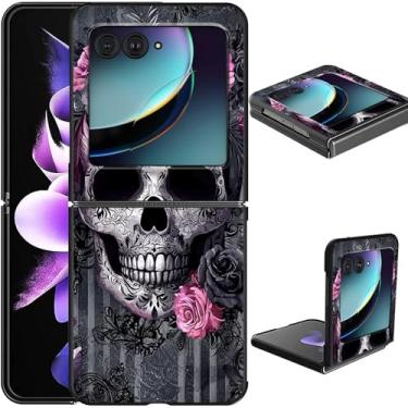 Imagem de GFRGTFHYT Capa protetora à prova de choque para Motorola Razr 2024/Moto Razr 50 fina e leve em policarbonato com design de flores de caveira à prova de choque