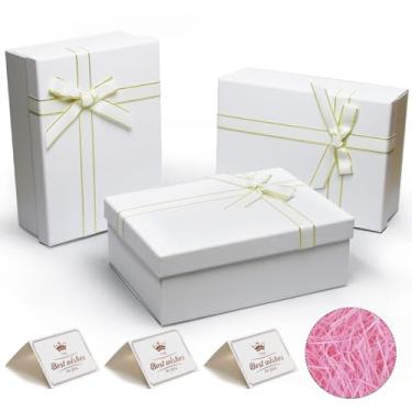 Imagem de Eerbaier Caixas de presente brancas com tampas – Pacote com 3 caixas de presente de 21 x 16 x 9 cm com papel de ráfia e cartão comemorativo – Caixas de presente de papelão premium para presentes