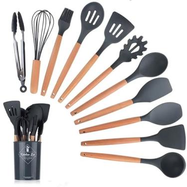 Imagem de Conjunto de Utensílios de Cozinha em Silicone, 12 Peças, Cabo de Madeira, Resistente ao Calor até 230°C, com Suporte (Preto)